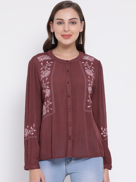 Oxolloxo Women Brown Regular Fit Embroidered Casual Shirt