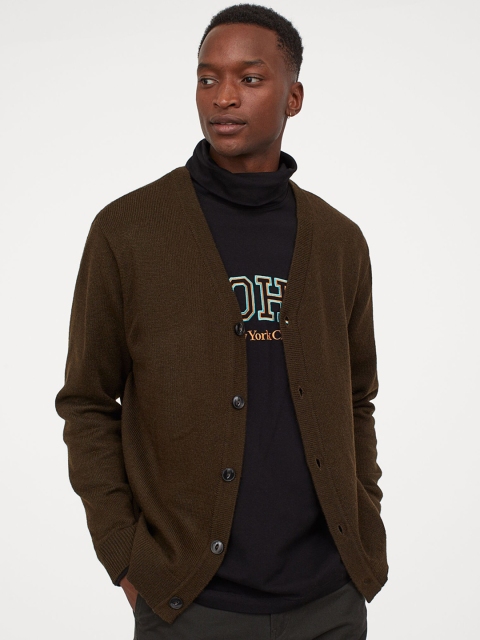 H&M Men Olive brown Solid Wool-Blend Cardigan