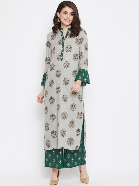 Tulsattva Women Grey & Green Printed Kurta with Palazzos