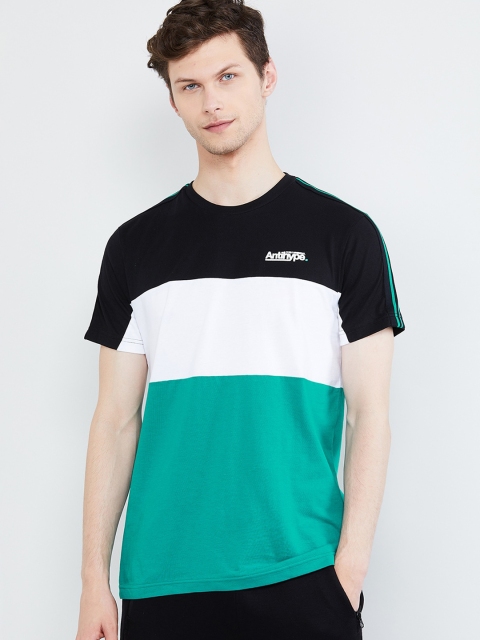 max Men Green & White Colourblocked Round Neck T-shirt