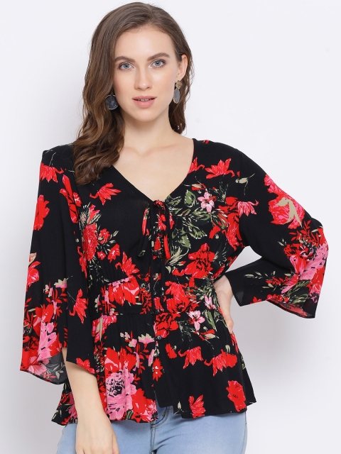 Oxolloxo Women Black & Red Floral Printed Empire Top