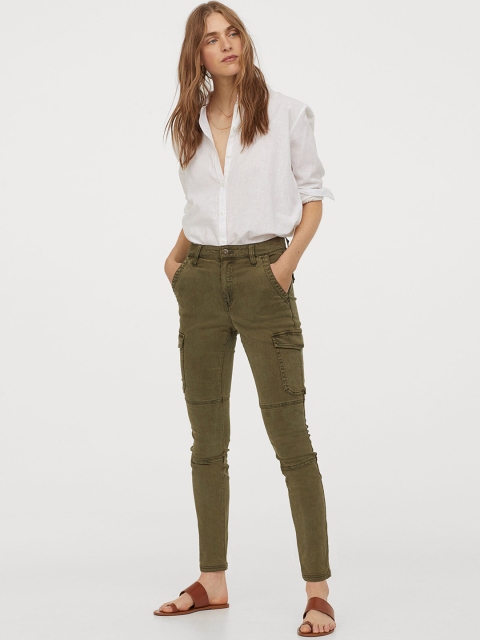 H&M Women Olive Green Slim Fit Cargo Trousers