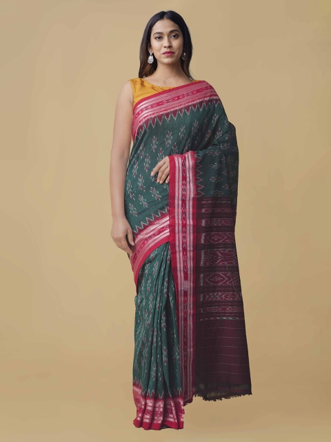 Unnati Silks Green & Red Pure Cotton Printed Sambalpuri Saree