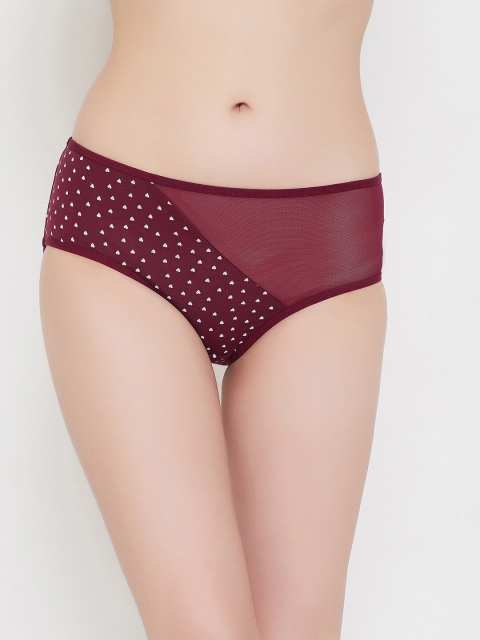 Clovia Women Burgundy & White Heart Printed Hipster Briefs PN3291D15L