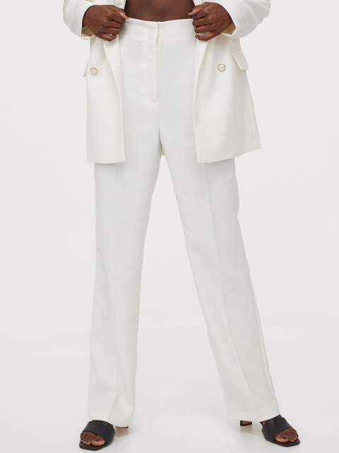 H&M Women White Solid Tailored Trousers