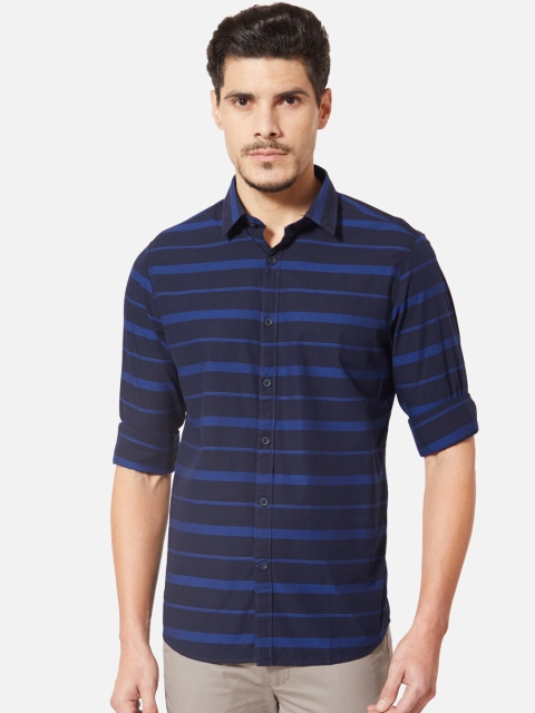 J Hampstead Men Navy Blue Slim Fit Striped Casual Shirt