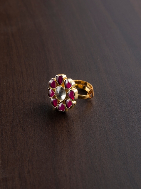 MORKANTH JEWELLERY Gold-Plated Pink & White Pachi Kundan-Studded Handcrafted Finger Ring