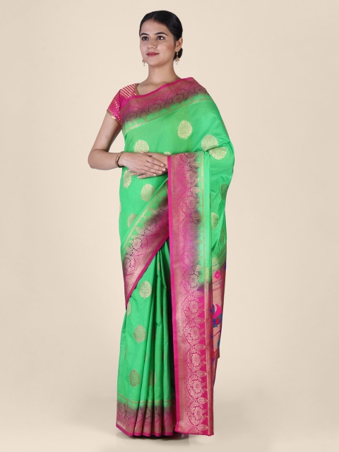 CLAI WORLD Green & Pink Silk Blend Woven Design Saree