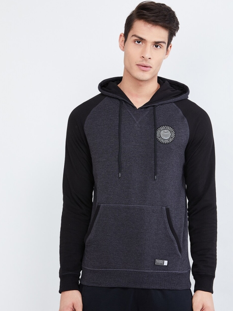 max Men Grey Solid Hooded Sweatshirt