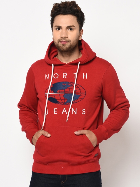 98 Degree North Men Red Printed Hooded Sweatshirt