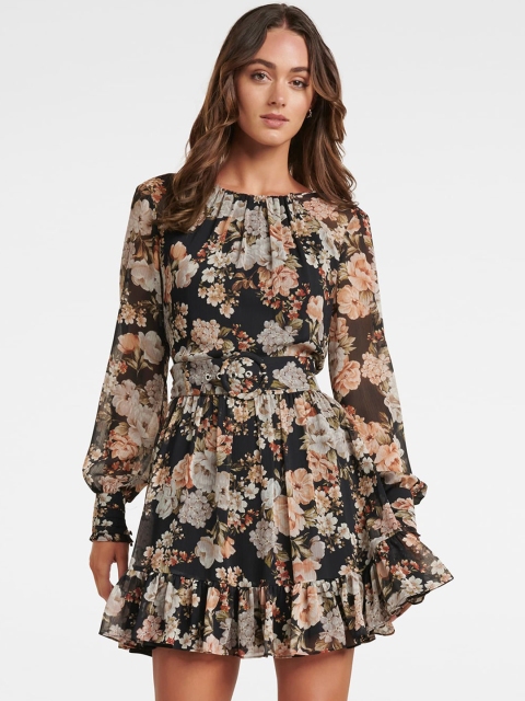 Forever New Women Black Floral Printed Fit and Flare Dress