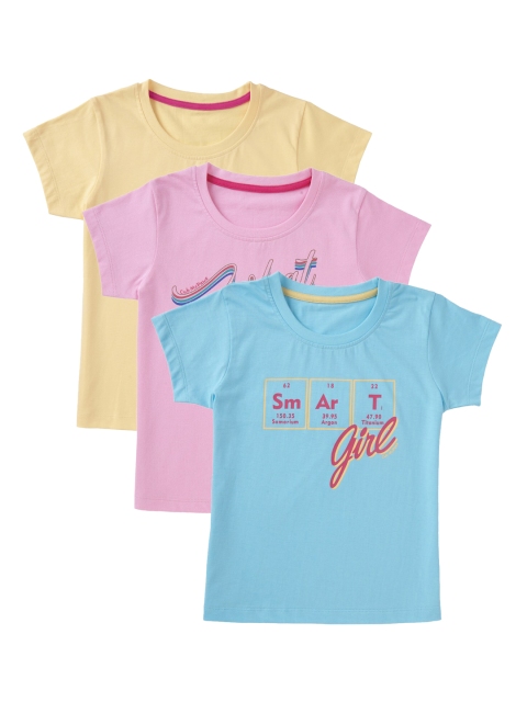 Cub McPaws Girls Pack of 3 Printed Round Neck T-shirt, Yellow