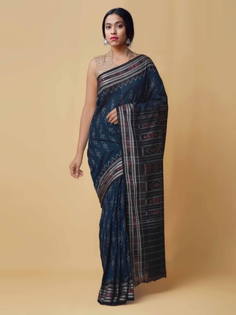 Unnati Silks Navy Blue & White Pure Cotton Printed Sambalpuri Saree