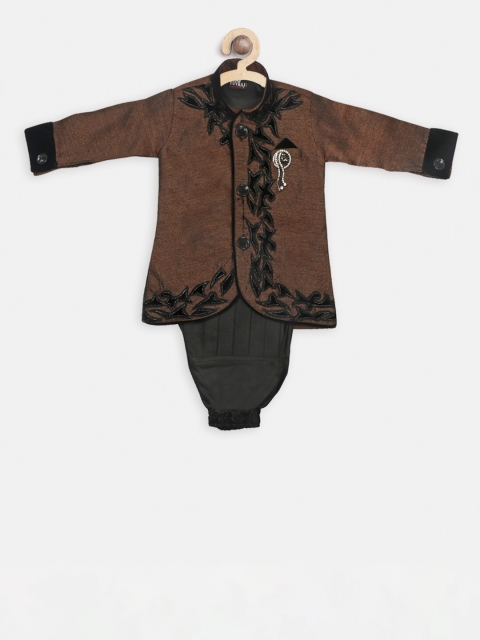 SG YUVRAJ Boys Brown & Black Raw Silk Sherwani Set