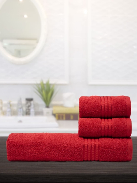 Trident Set Of 3 Red Solid 400 GSM Utsav Towels