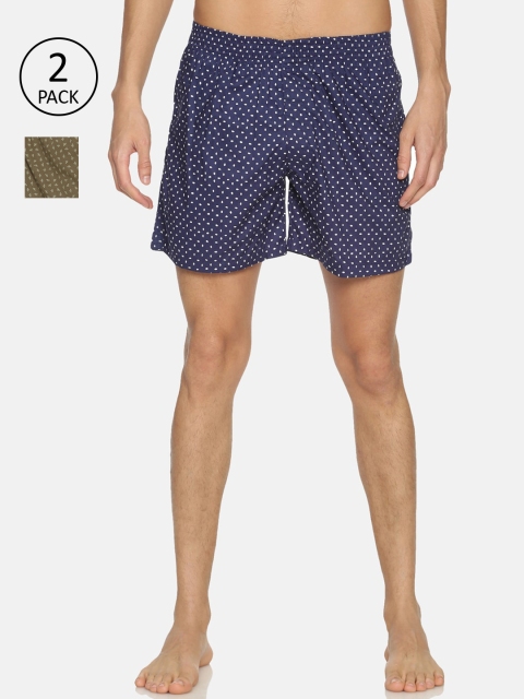 IVOC Men Pack Of 2 Printed Pure Cotton Boxers, Navy blue