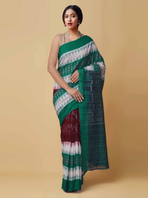 Unnati Silks Green & White Pure Cotton Woven Design Sambalpuri Saree