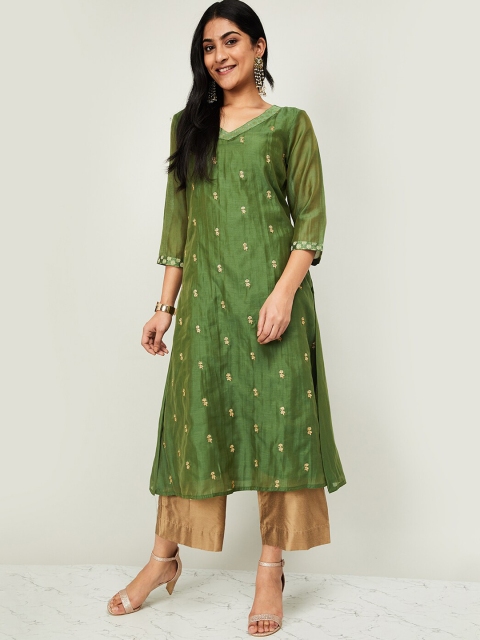 Melange by Lifestyle Women Green & Gold-Coloured Self Design Kurta with Trousers & Dupatta
Melange by Lifestyle Women Green & Gold-Coloured Self Design Kurta with Trousers & Dupatta