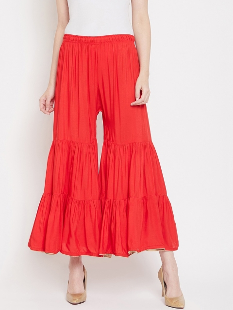 Castle Women Coral Red Solid Tiered Flared Palazzos