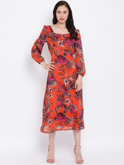 Oxolloxo Women Orange Printed Fit and Flare Dress 
Oxolloxo Women Orange Printed Fit and Flare Dress