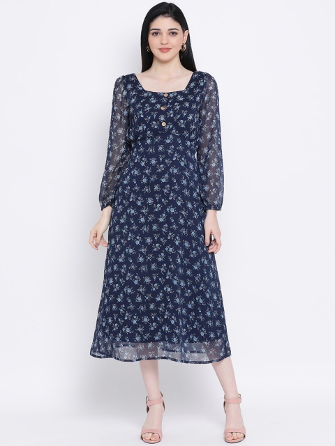 Oxolloxo Women Navy Blue Printed Empire Dress