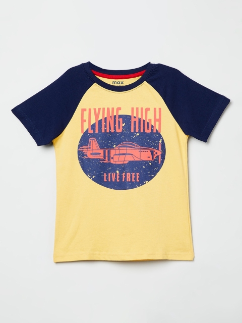 max Boys Yellow & Navy Blue Printed Round Neck T-shirt