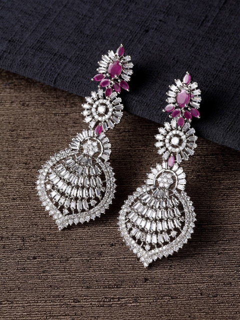 Bhana Fashion Magenta & Silver-Plated AD Classic Drop Earrings