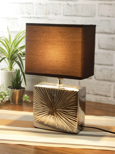 House Of Accessories Black & Silver-Toned Textured Traditional Table Lamp with Shade