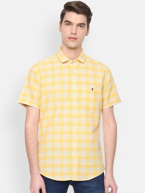 Louis Philippe Jeans Men Yellow Slim Fit Checked Casual Shirt