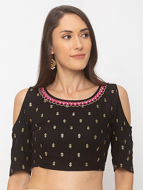 Globus Women Black & Gold Printed Cotton Saree Blouse