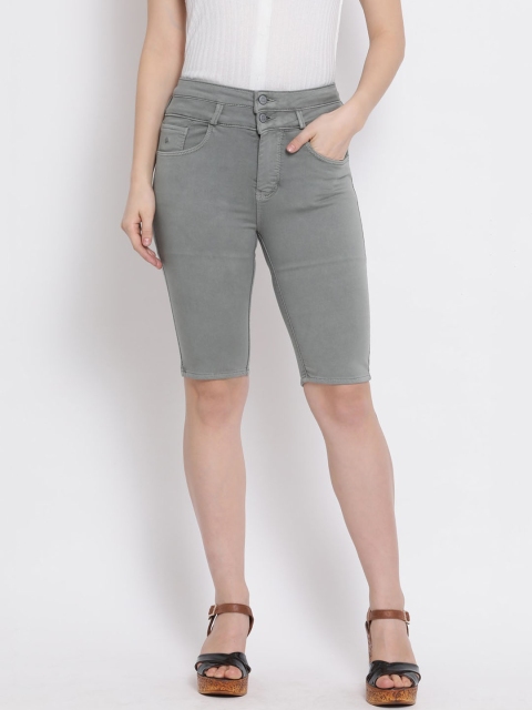 Code 61 Women Grey Solid Skinny Fit Denim Shorts