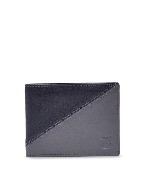 TRENDERS Men Grey & Black Colourblocked Leather Two Fold Wallet