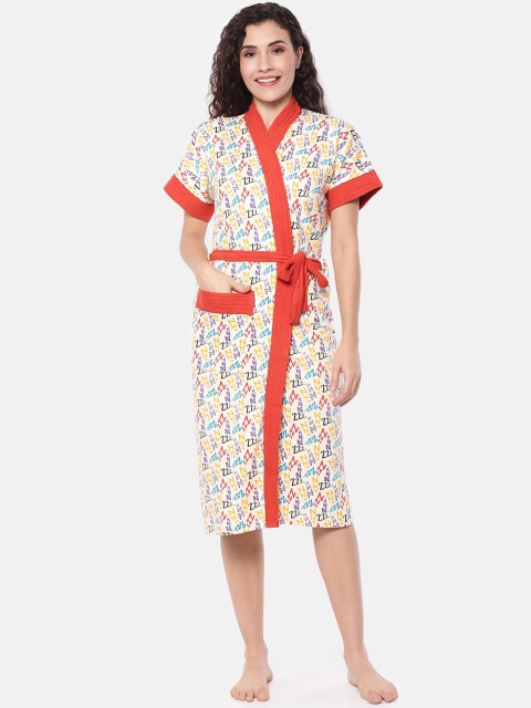 Red Rose Women Red & Blue Printed Bath Robe, Beige