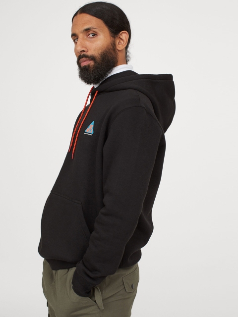 H&M Men Black Printed Hooded Top
