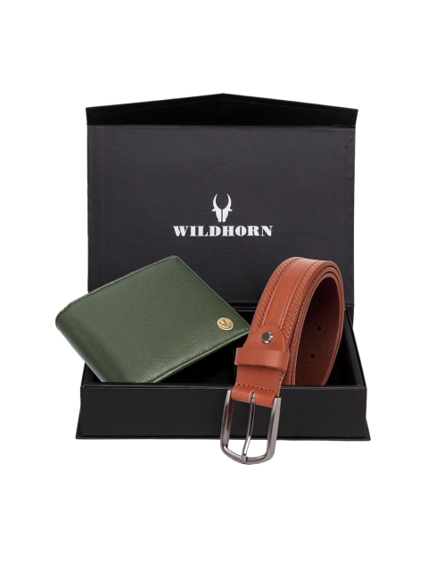 WildHorn Men Green & Brown RFID Protected Genuine Leather Accessory Gift Set