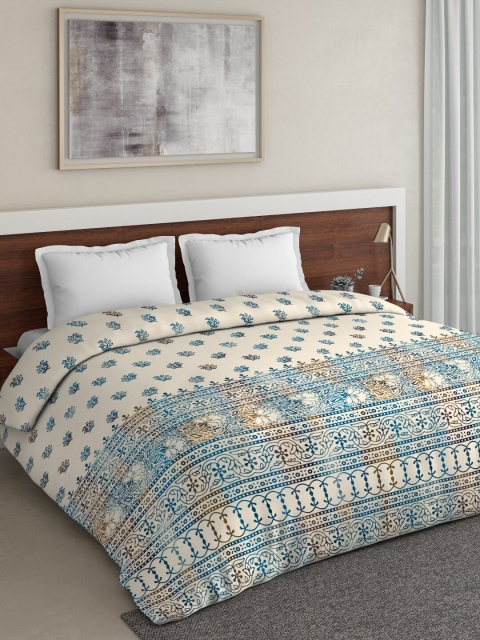 DDecor Unisex Blue & Beige Printed Double Bed Cover