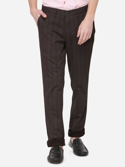 JADE BLUE Men Coffee Brown Slim Fit Checked Regular Trousers