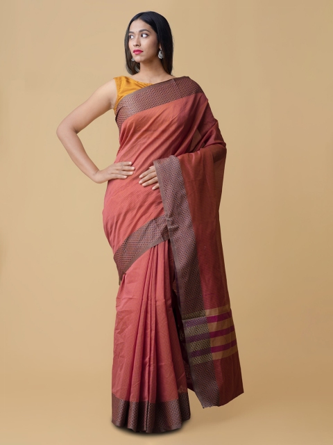 Unnati Silks Rust Red Silk Cotton Striped Chanderi Saree