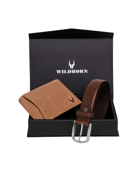 WildHorn Men Tan Brown & Silver-Toned Textured RFID Protected Genuine Leather Accessory Gift Set