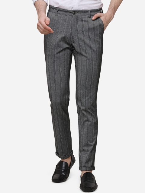JADE BLUE Men Grey Slim Fit Striped Formal Trousers