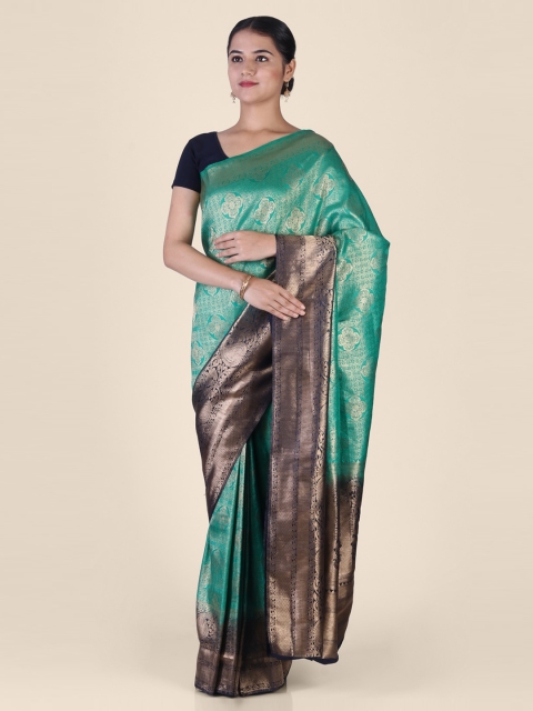 CLAI WORLD Sea Green & Gold-Coloured Silk Blend Woven Design Arani Saree
