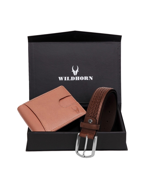 WildHorn Men Tan Brown & Silver-Toned Textured RFID Protected Genuine Leather Accessory Gift Set