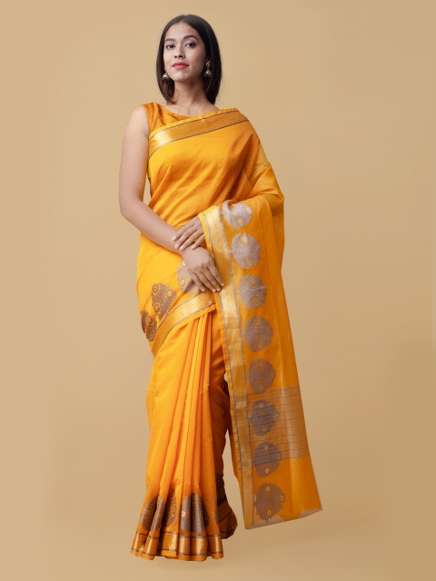 Unnati Silks Yellow & Gold-Toned Silk Cotton Woven Design Kanjeevaram Saree