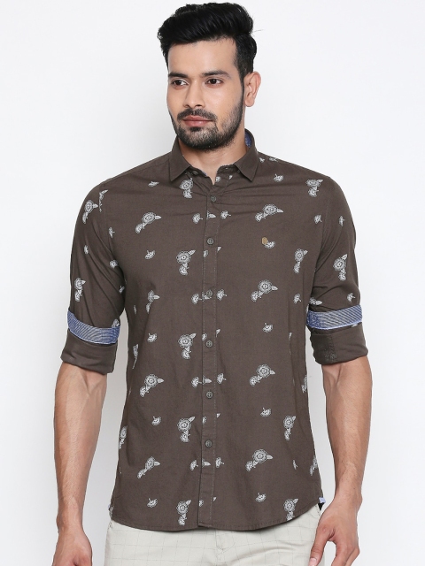 Integriti Men Brown & White Slim Fit Printed Casual Shirt