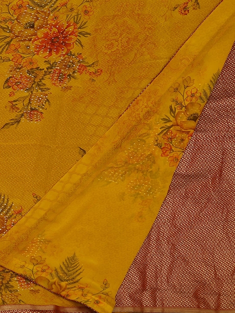 Pothys Yellow & Brown Poly Georgette Printed Saree