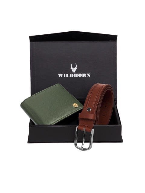 WildHorn Men Green & Brown RFID Protected Genuine Leather Accessory Gift Set
