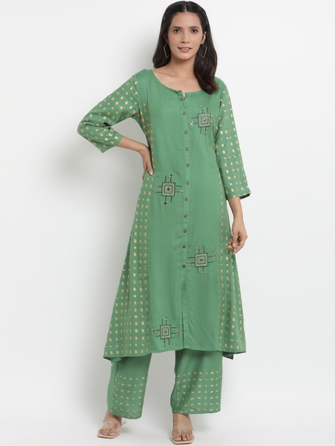 Prakhya Women Green Embroidered Kurta with Palazzos