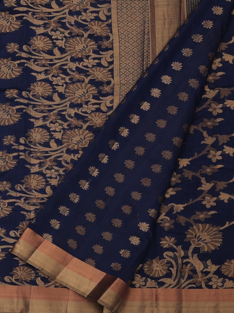 Pothys Navy Blue & Gold-Toned Jute Silk Embroidered Saree