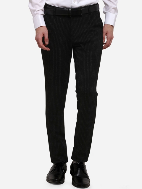 JB STUDIO Men Black Slim Fit Striped Formal Trousers