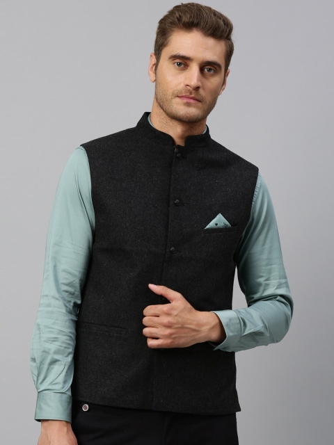 RARE RABBIT Men Black Solid Woven Nehru Jacket